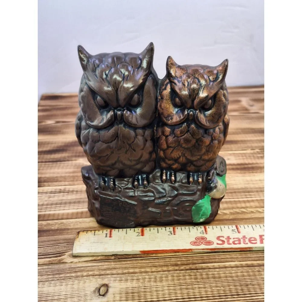 VTG Chalkware Painted Owls on Log Mid Century Japan  Woodland‎ Decor Lover Solid